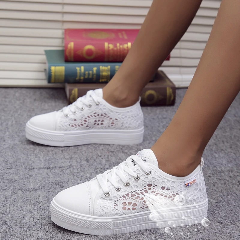 Women Shoes 2022 Fashion Summer Casual White Shoes Cutouts Lace Canvas Hollow Breathable Platform Flat Shoes Woman Sneakers