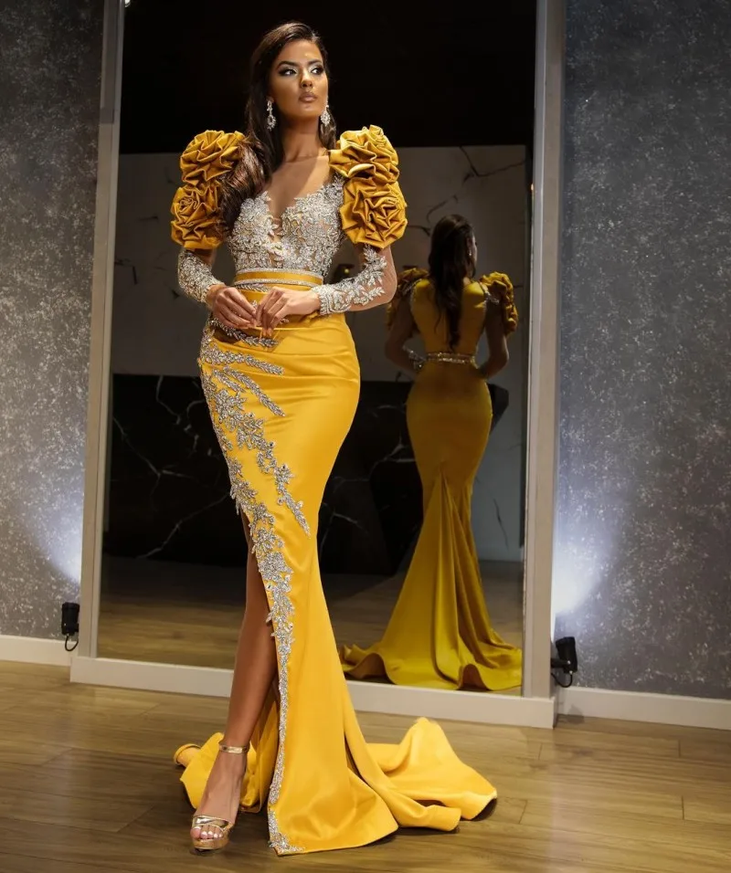 

Yellow Celebrity Mermaid Evening Dresses Long Sleeve Applique Sequin Split Prom Gowns For Women Party Robe De Soirée Femme
