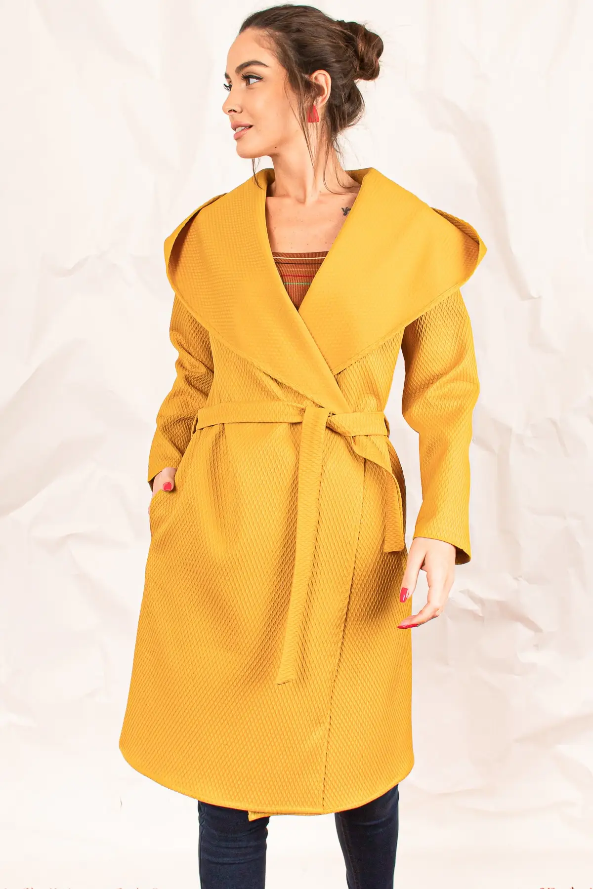 Губная гармоника женщины масло зеленый отложной воротник Beli Gusset узорчатый