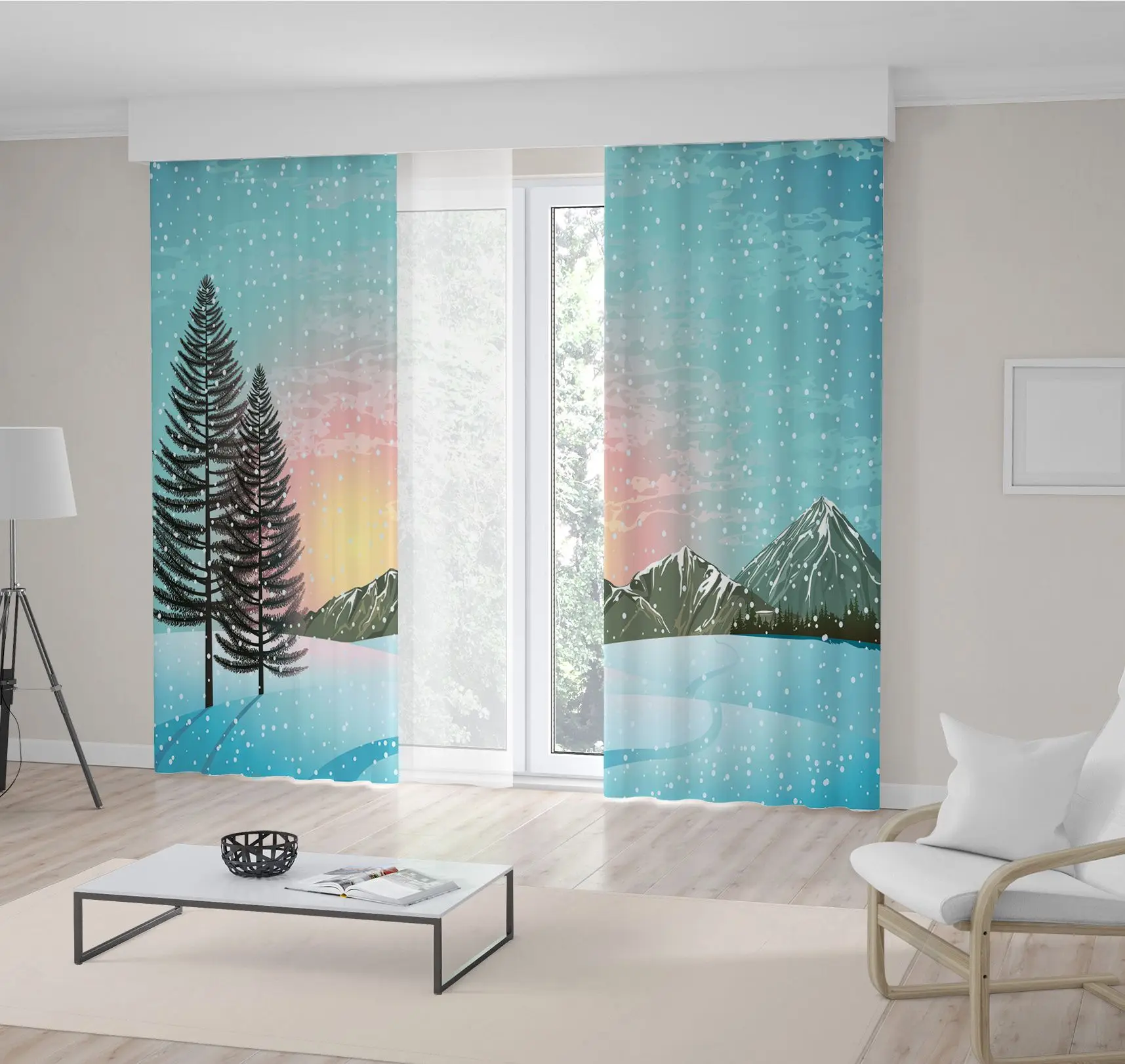

Curtain Sunset Snowy Winter Day Landscape with Larches Trees Forest and Mountains Nature Artwork