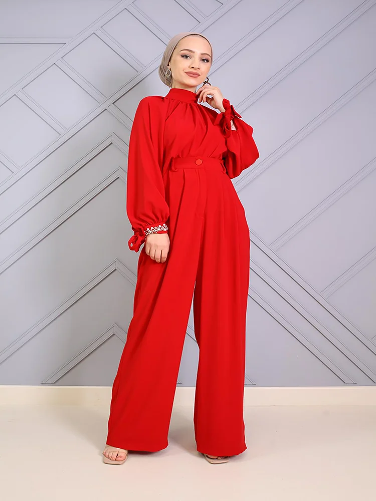 Stone Detailed Sleeves Turtleneck Pants And Blouse 2-Piece Women's Hijab Set New Muslim Fashion 3 Colors Islamic Clothing Dubai