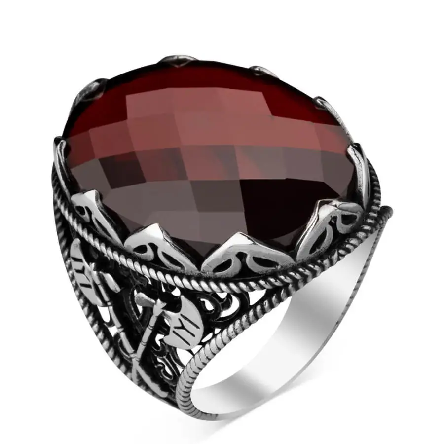 

Sterling Silver Mens Axe Ring with Faceted Red Zircon Stone Fashion Turkish Premium Quality Handmade Jawelery