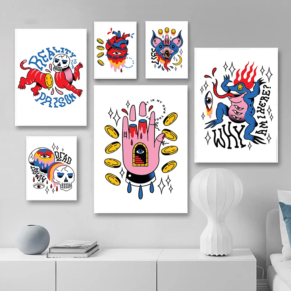 

Trippy Frog Colorful Skull Posters and Prints Animal Abstract Canvas Painting Hand Psychedelic Wall Art Pictures Boho Home Decor