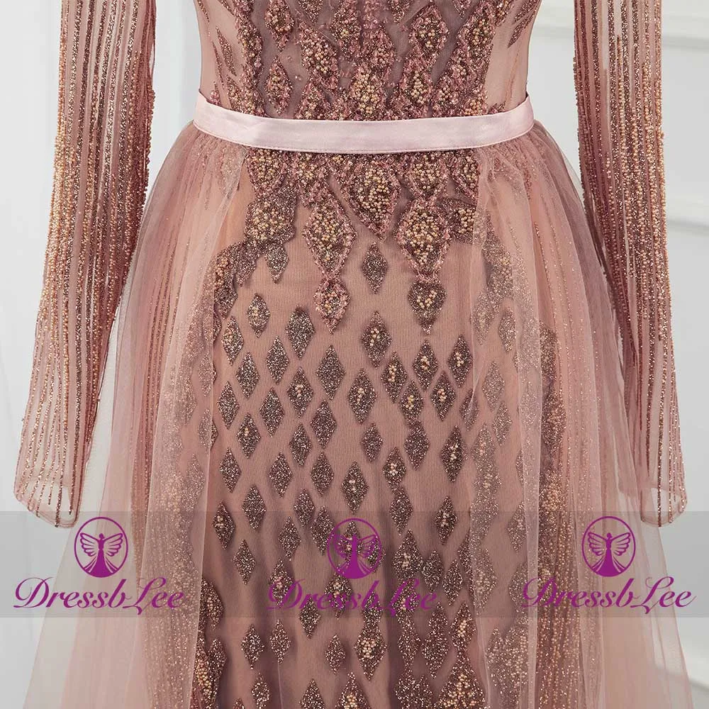 Fashionable sexy V-neck transparent mermaid evening dress golden full sleeve crystal banquet dress shiny lace dress