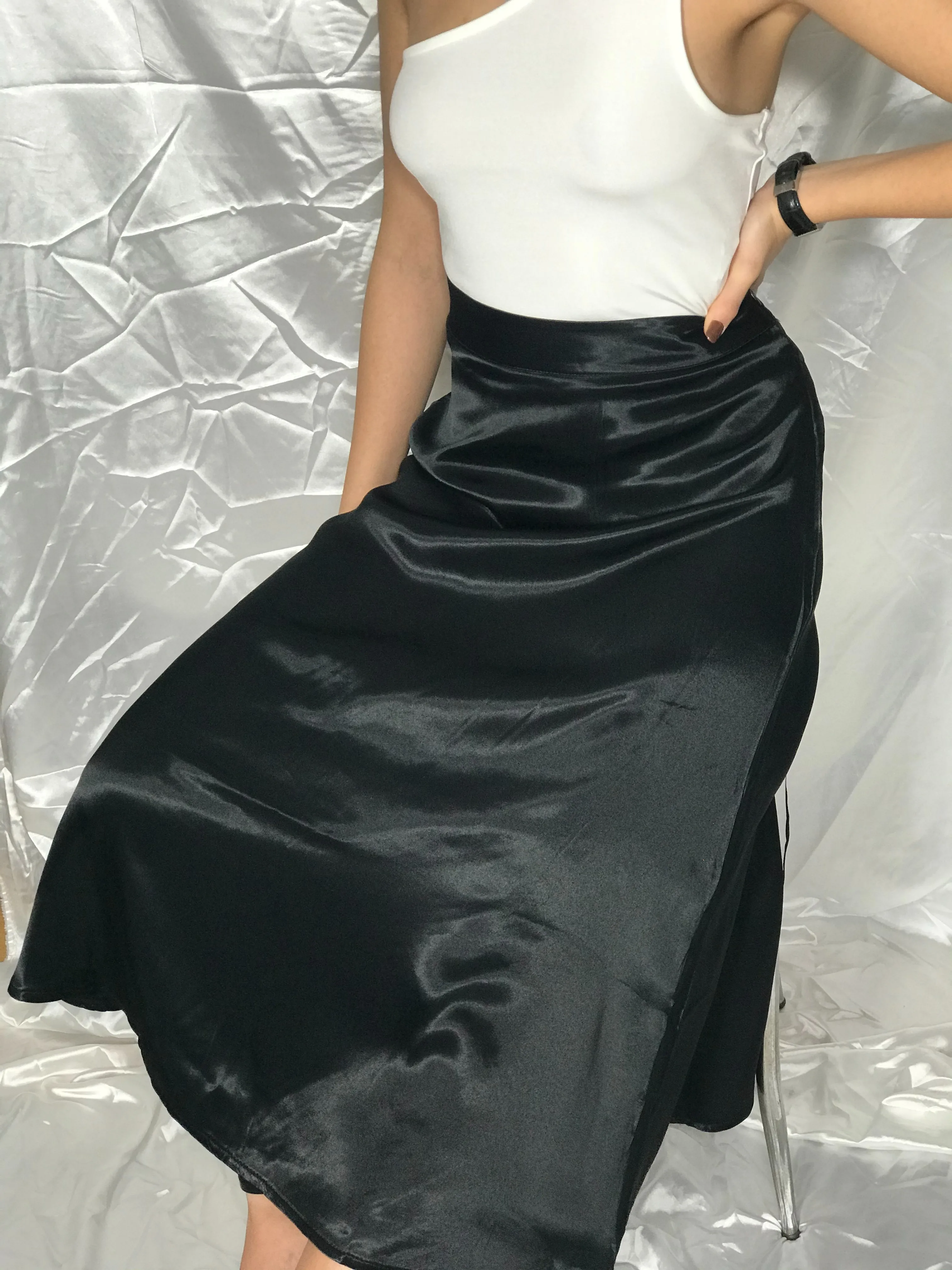 

Kadn Siyah Saten Uzun Etek Skirt woman 2021 jupe longue femme