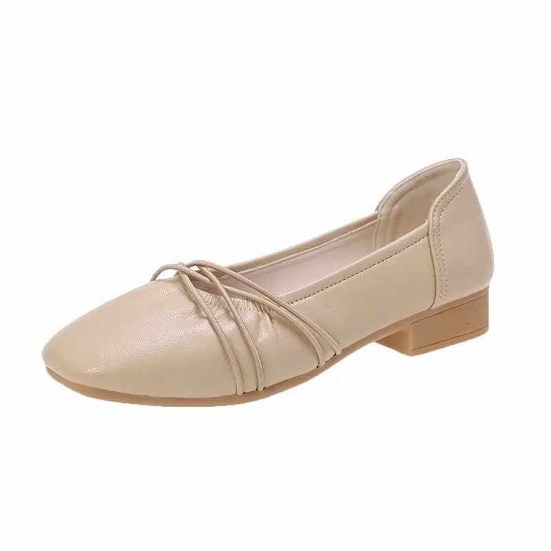 

New Women's Low-heeled Korean Version Square Head Flat Bottom Single Shoes Soft Leather Shallow Mouth Soft Sole Women's Shoes