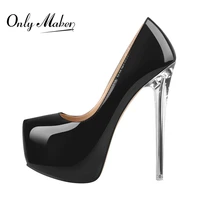 onlymaker thin high heels pumps for women inner platform patent leather shallow slip on transparent metal heels