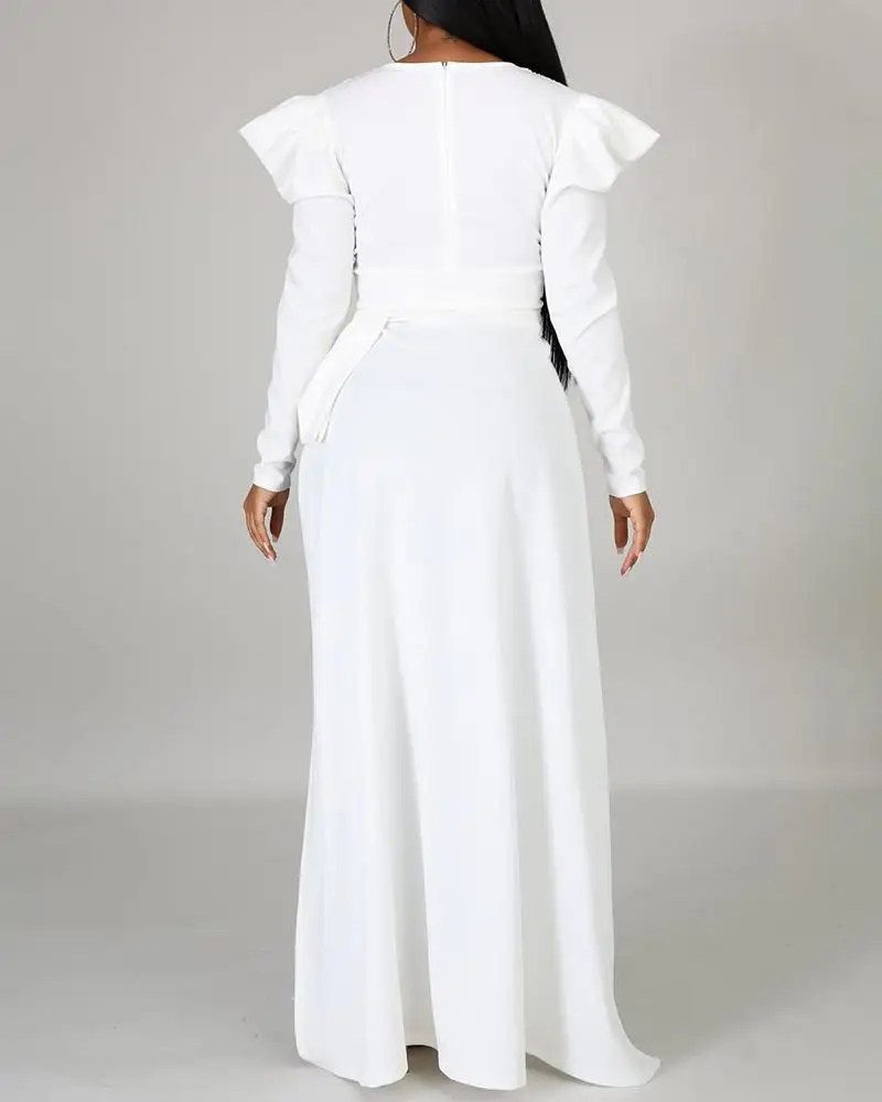 

2020 Women Fashion Elegant Puffed sleeve Tight Waist Dip Hem Blouse Irregular Top Long Sleeve Casual V Neck Plus Size Tunic