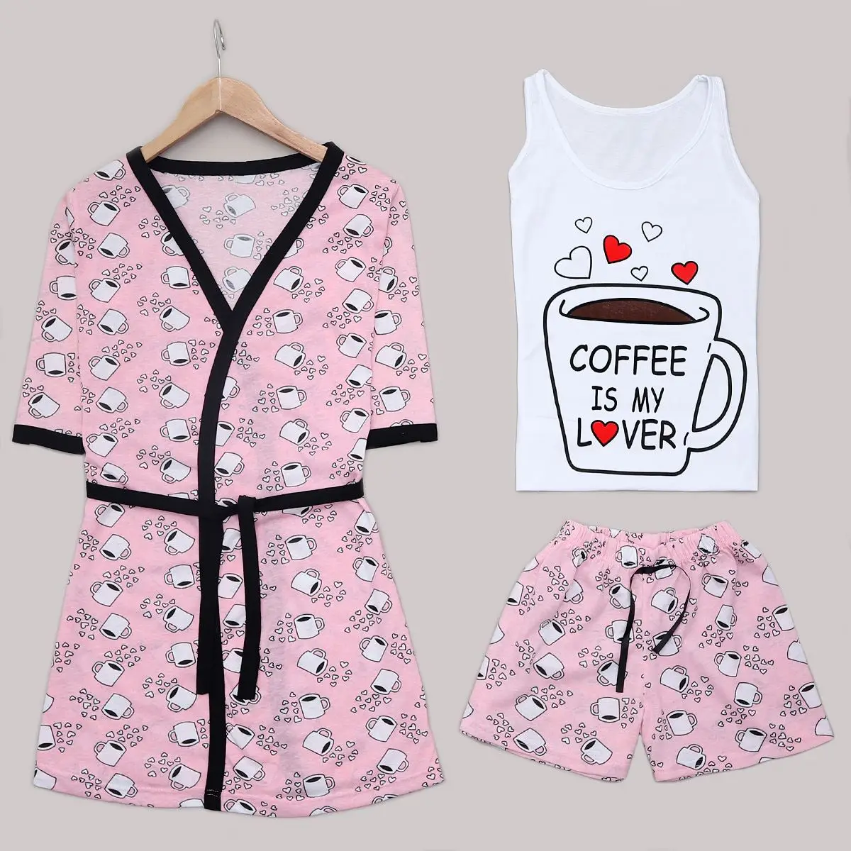

Luxury Pink Coffee Short Cotton Pajamas 3 pieces Set