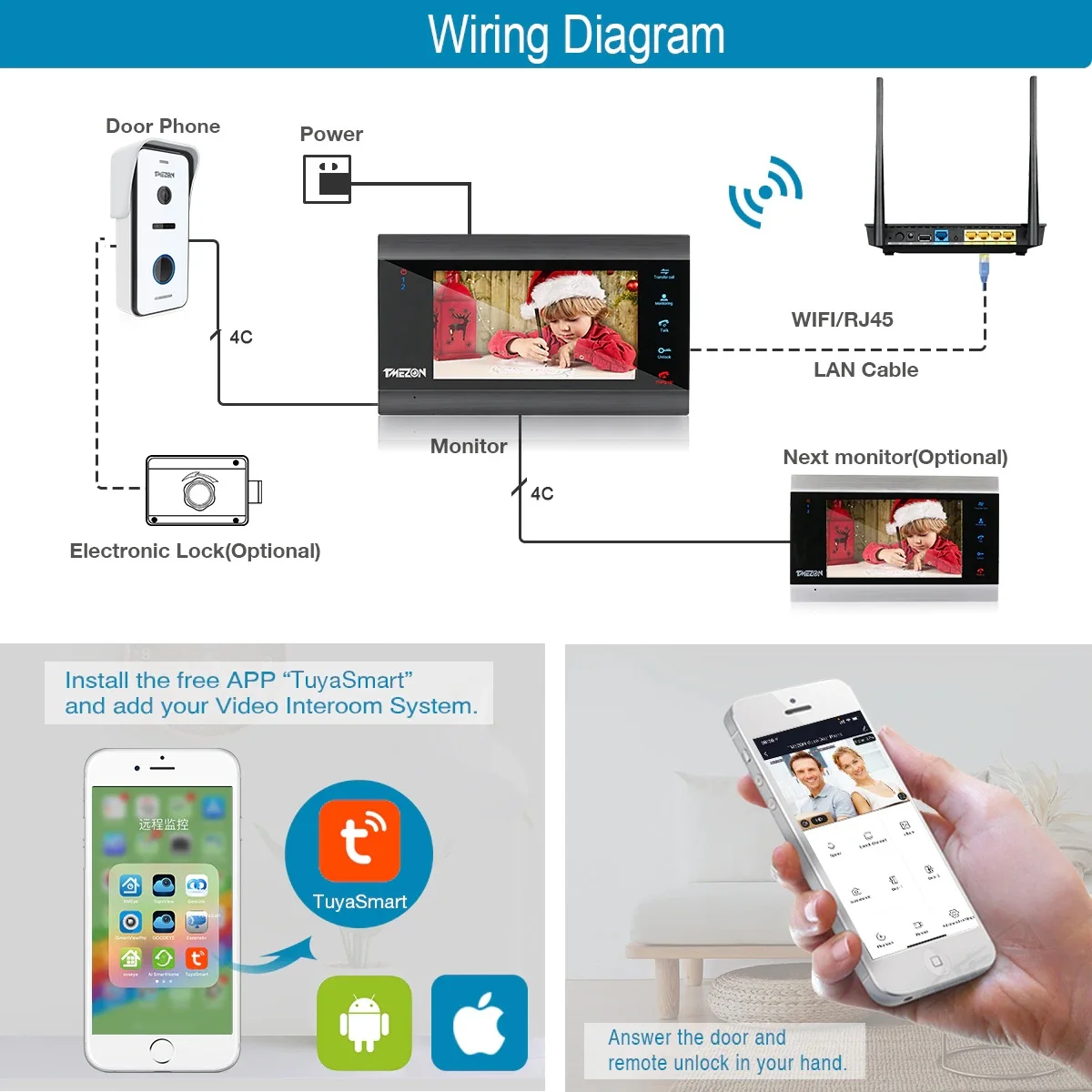 TMEZON TUYA APP Home Intercom System Wireless WiFi Smart IP Video Doorbell 7 Inch with 1080P Wired Doorbell enlarge