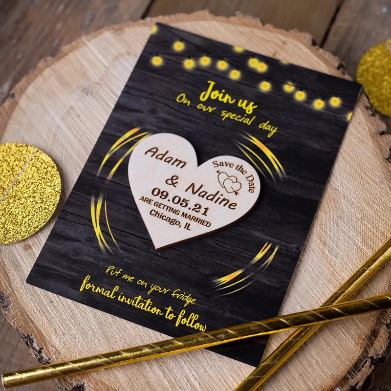 Сердце сохранить дату магнит с картами деревенский круглый свадебные деревянные