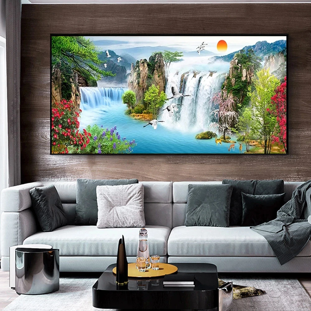 

Chinese style Sunset Waterfall Landscape Canvas Painting Lake Bird Forest Posters Prints Wall Art Pictures for Living Room Decor