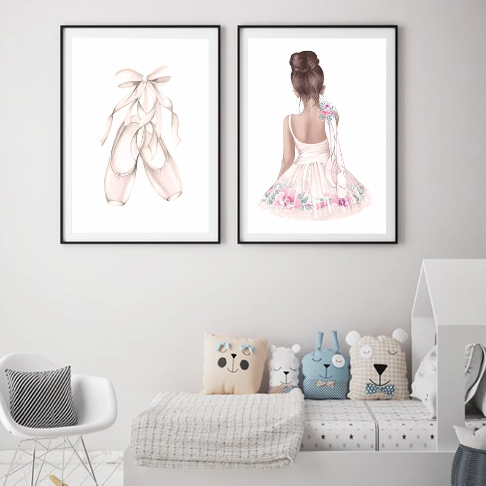 

Ballet Dance Girl Baby Nursery Wall Art Canvas Poster and Prints Pink Cartoon Painting Nordic Kids Decoration Picture Room Decor