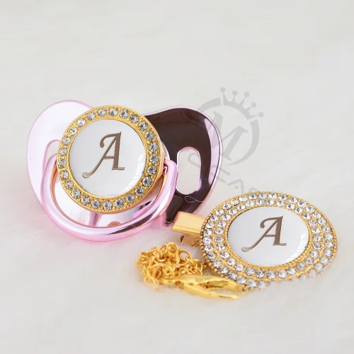 MIYOCAR Gold silver name Initials letter white elegant A beautiful bling pacifier and pacifier clip BPA free dummy bling LA-W - Цвет: LA-11-W   0-6M