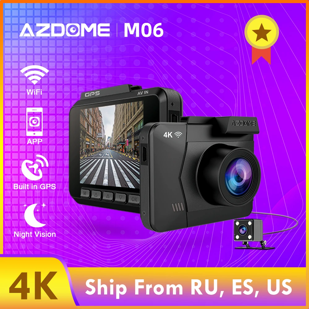 AZDOME M06 WiFi Встроенный gps двойной объектив FHD 1080P фронтальная+ VGA задняя камера Автомобильный видеорегистратор 4K Dash Cam Dashcam WDR с функцией ночного видения