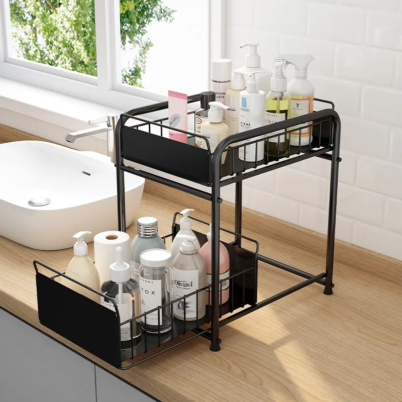 

Under Sink Rack Kitchen Storage Basket Push Pull Drawer Organizer 2-Tier Sliding Drawer Sliding Basket for Kitchen and Bathroom