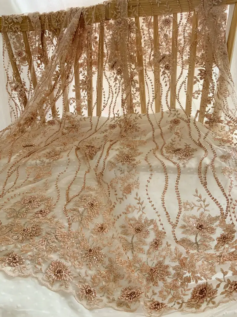 Кружевная ткань из фиолетовых бусин с бусинами кружевная тяжелых 3D цветами | Дом