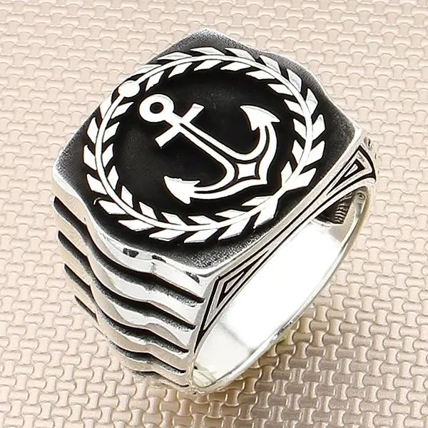 

Embossed Sterling Silver Ring Anchor Model Silver Sailor Ring For Men Made in Turkey