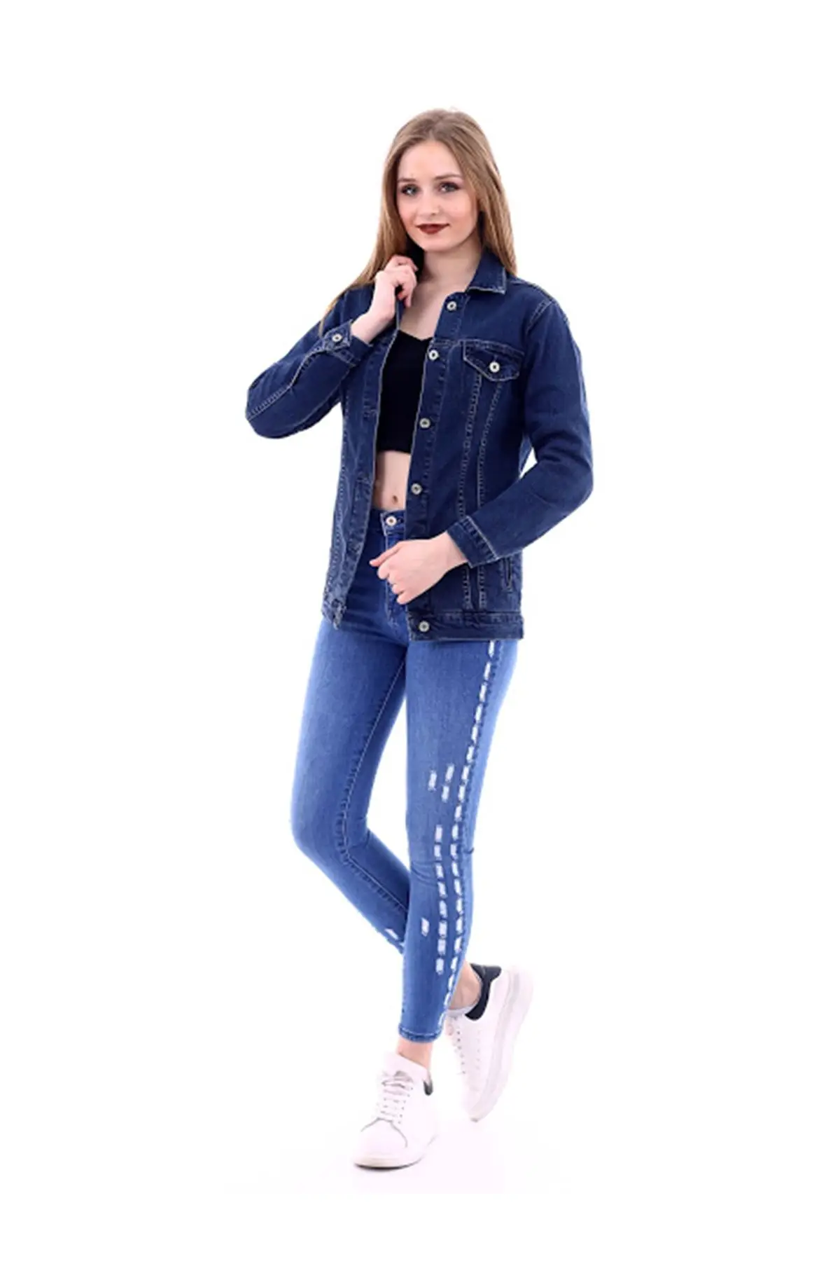 

Lycra Navy Blue Denim Jacket + Slim Yrtkl Jeans Pants The boiler new season casual long sleeve coat and pants women's clothing