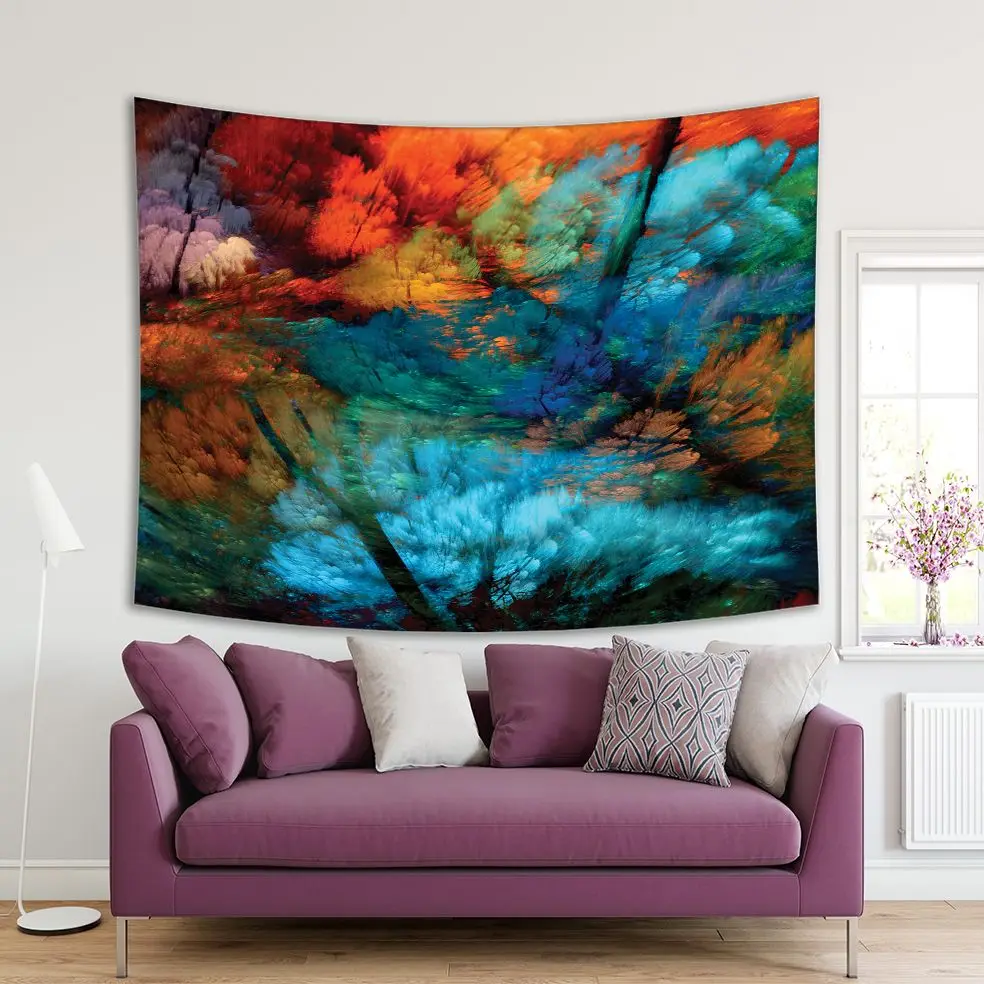 

Tapestry Modern Artwork with Abstract Forest Trees Leaves Branches Colorful Four Season Theme Blue Green Orange