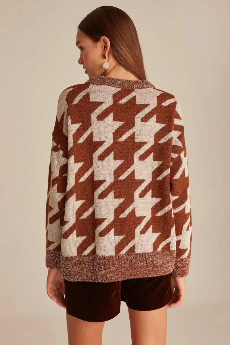 Женский коричневый кардиган с круглым вырезом и люрексом Joinus Houndstooth| |
