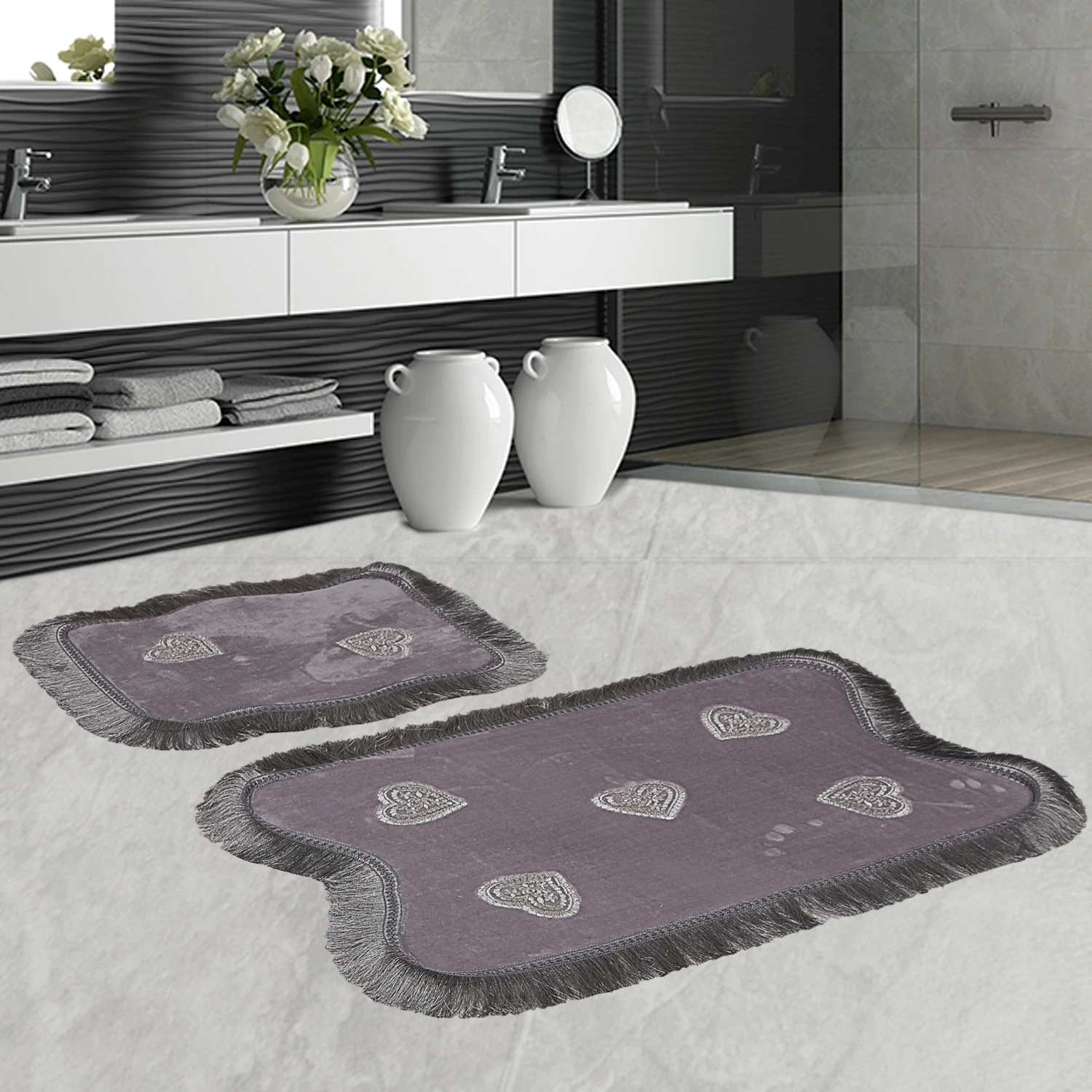 

Bonny Home Heart Laced Grey 2 Pieces Fringed Plush Bath Mat Non Slip Leather Based Machine Washable French Lacy Rug set