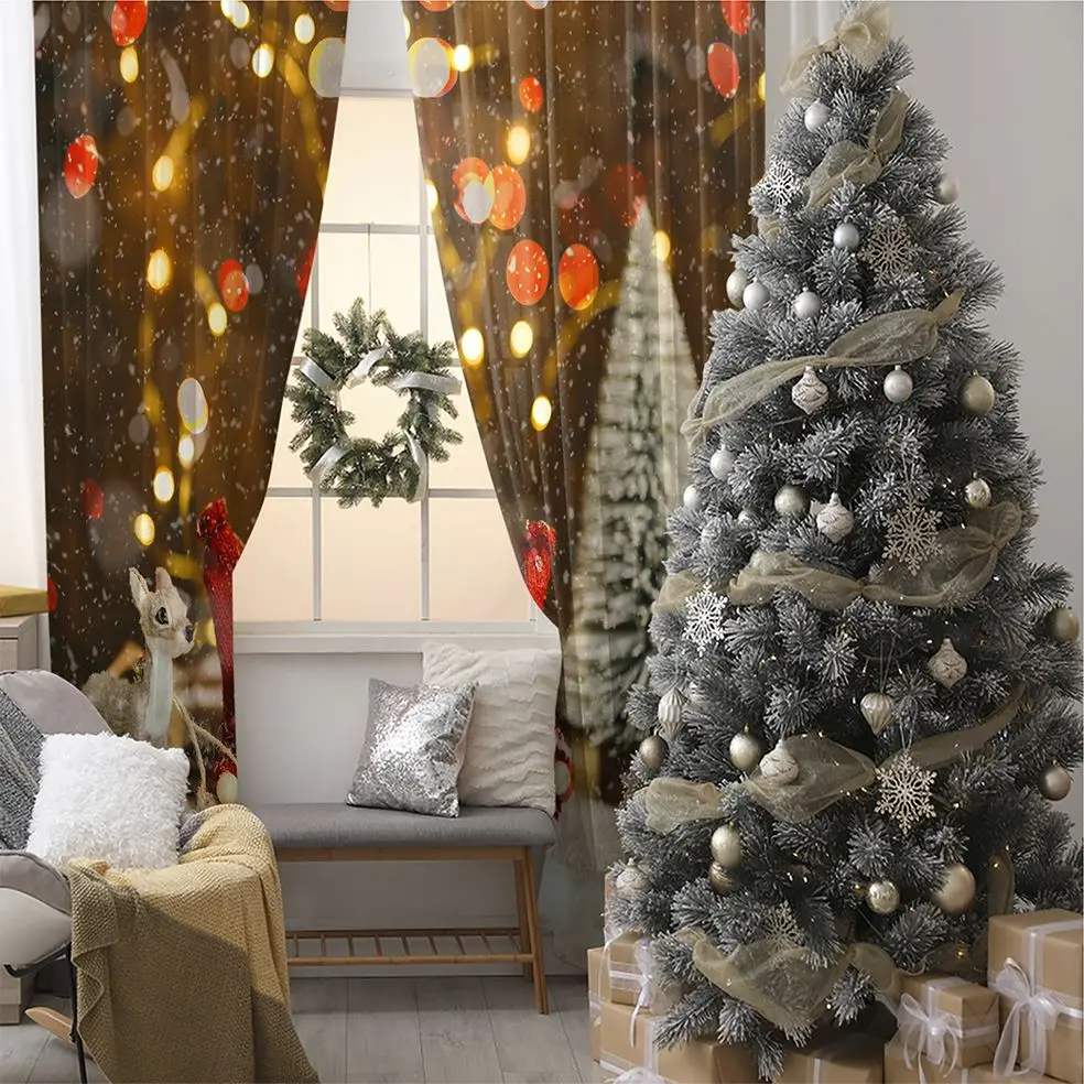 

Curtain Santa Claus And Pine Tree On Snow Bokeh With Light Romantic Christmas Scene Printed Red White Yellow