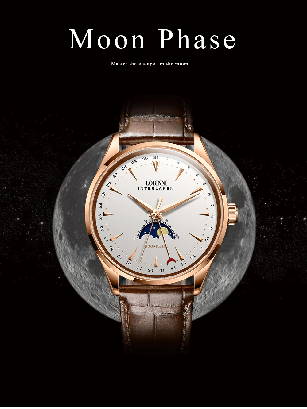 Switzerland LOBINNI мужские часы люксовый бренд Moon Phase Чайка автоматические самозаводные механические мужские часы Сапфировая кожа