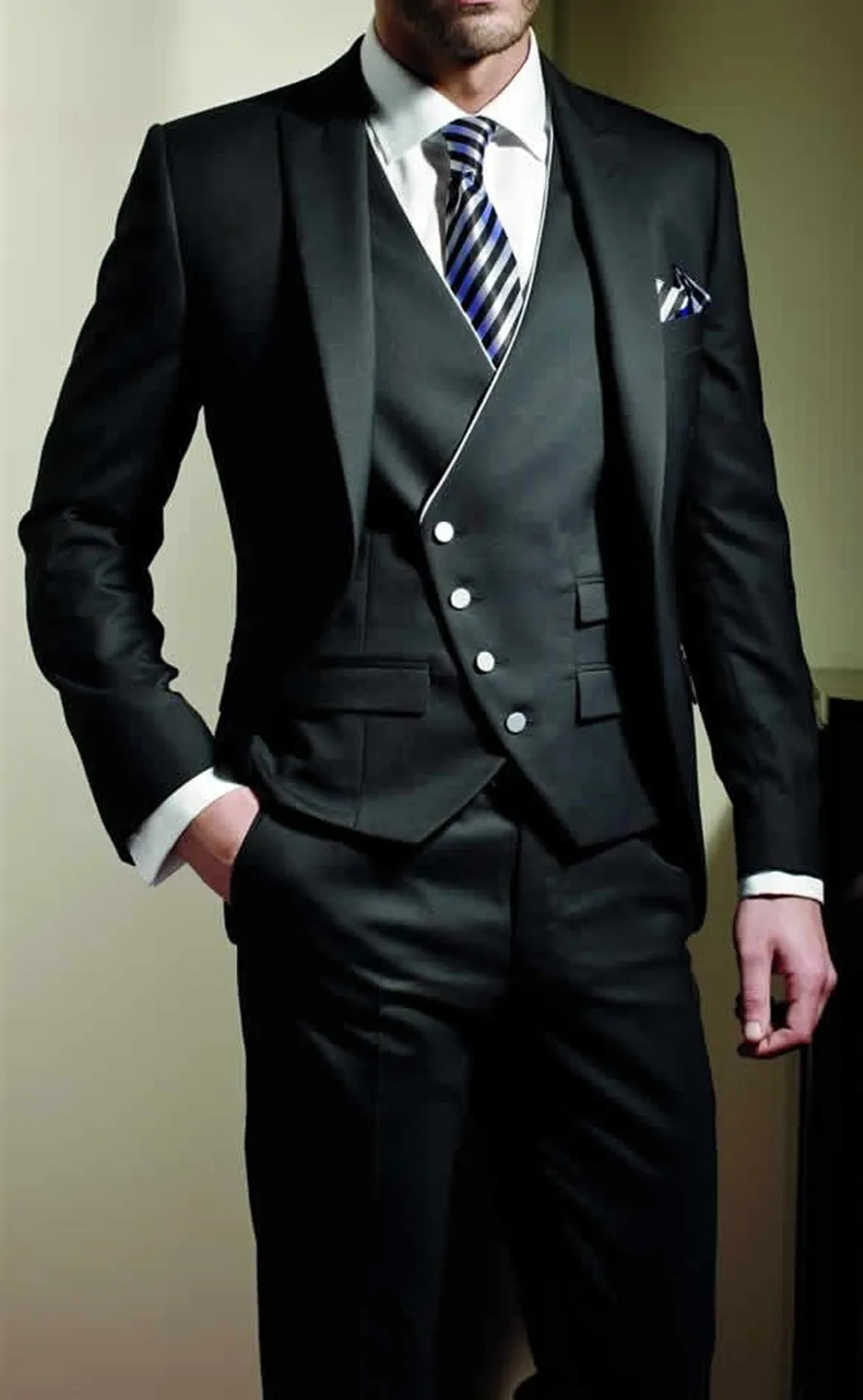 

3 Pieces suit Masculino Latest Coat Pant Designs Navy Blue Vertical Stripe Jacket Custom Groom Blazer Men Suits Slim Fit Tuxedo