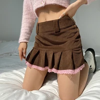 preppy style pleated skirts 2021 corduroy women lace patchwork mini short skirt high waist ladies casual spring autumn skirt