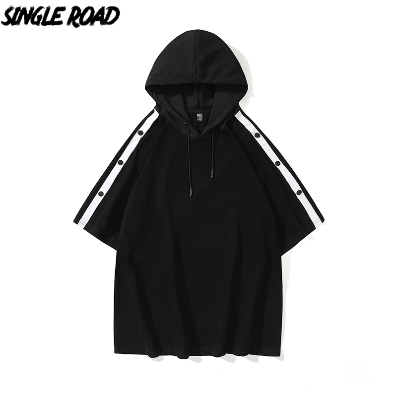 Single Road Mens Hoodies 2022 Summer Plain Short Sleeves Hooded T-Shirt Harajuku Japanese Streetwear Plus Size Black Hoodie Men