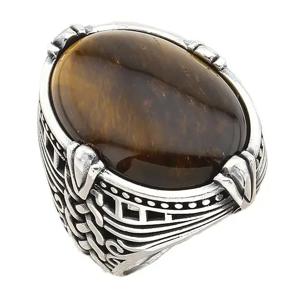 

Chain Armor Sterling Silver Men's Ring with Oval Brown Tiger Eye Natural Stone Jewelry Gift for Brother for Birthday Present