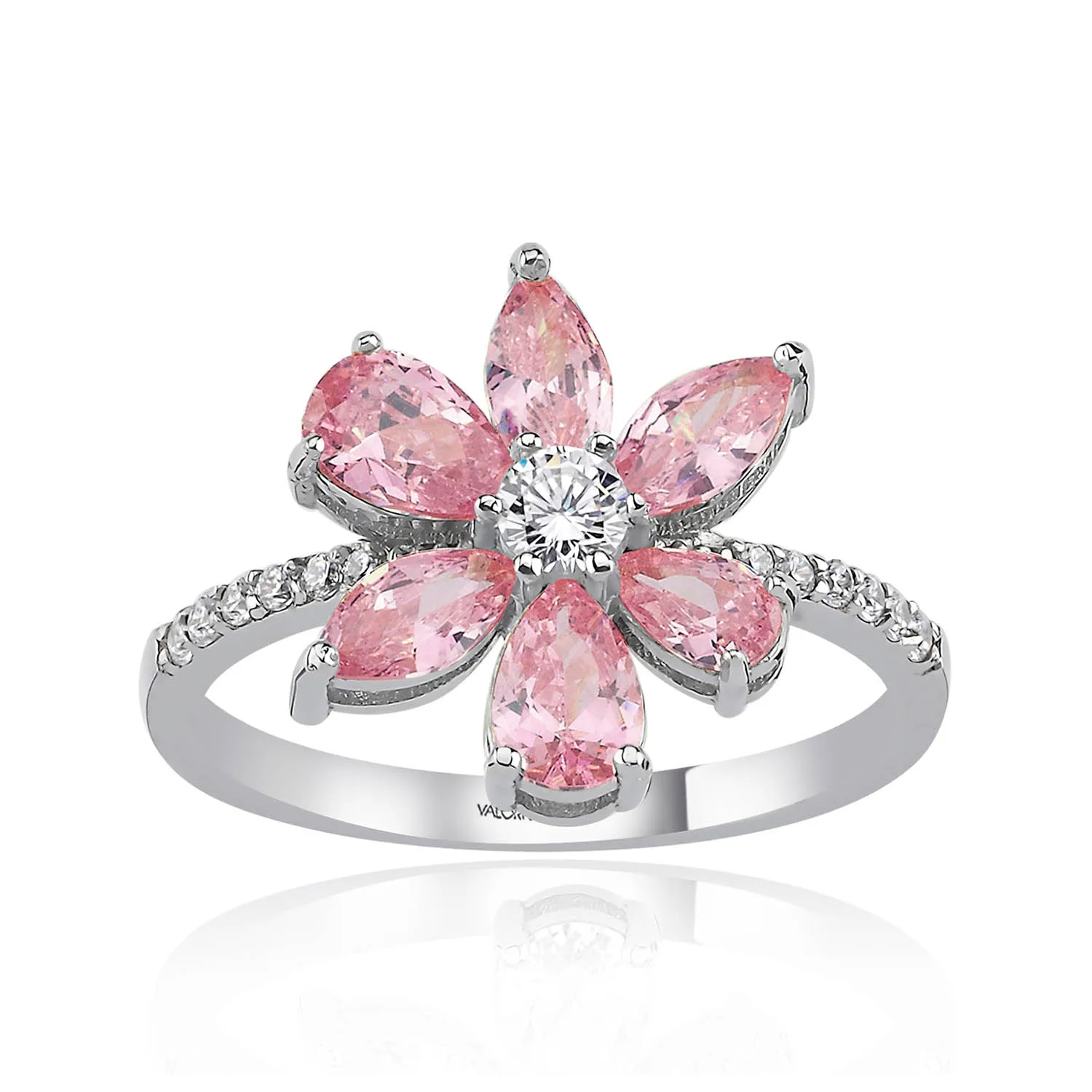 Asymmetric Pink Magnolia Flower Ring 2 Ct Gemstone Zircon Pear, 925 Sterling Silver Fine Jewelry