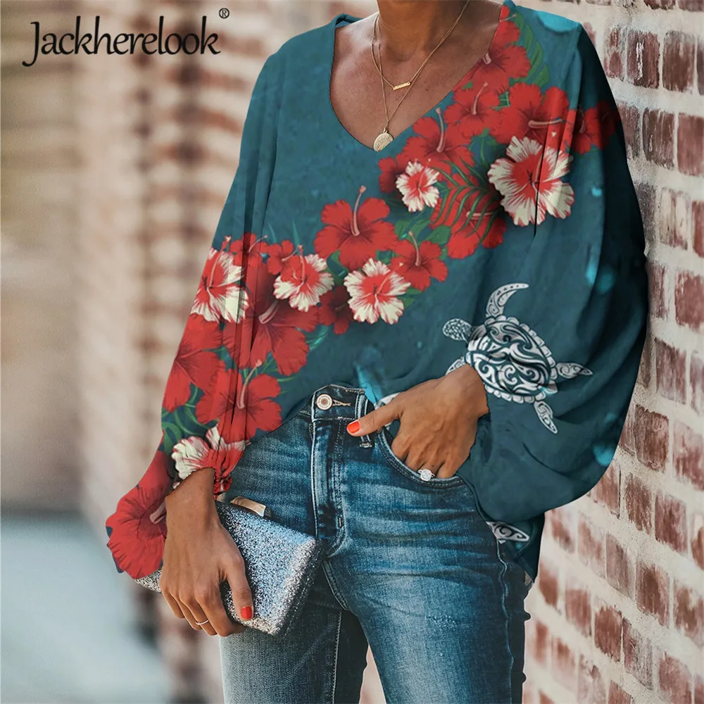 

Женская блузка с v-образным вырезом jackhereluk, гавайская блузка с принтом «Черепаха Гибискус», повседневная женская одежда размера плюс
