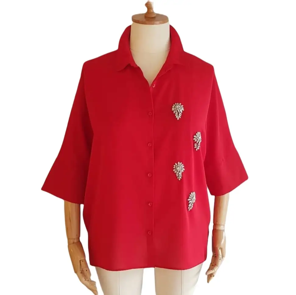 

Hanezza Plus Size Women Fashion 2021 Summer Clothing Embroidered Long Sleeve Elegant Woven Shirts + 2XL - 6XL Large Turn-Down Collar Pocketless Chic Tops 42 - 52 EU Casual Wear Female Black, Red, Khaki, Purple Rose Red