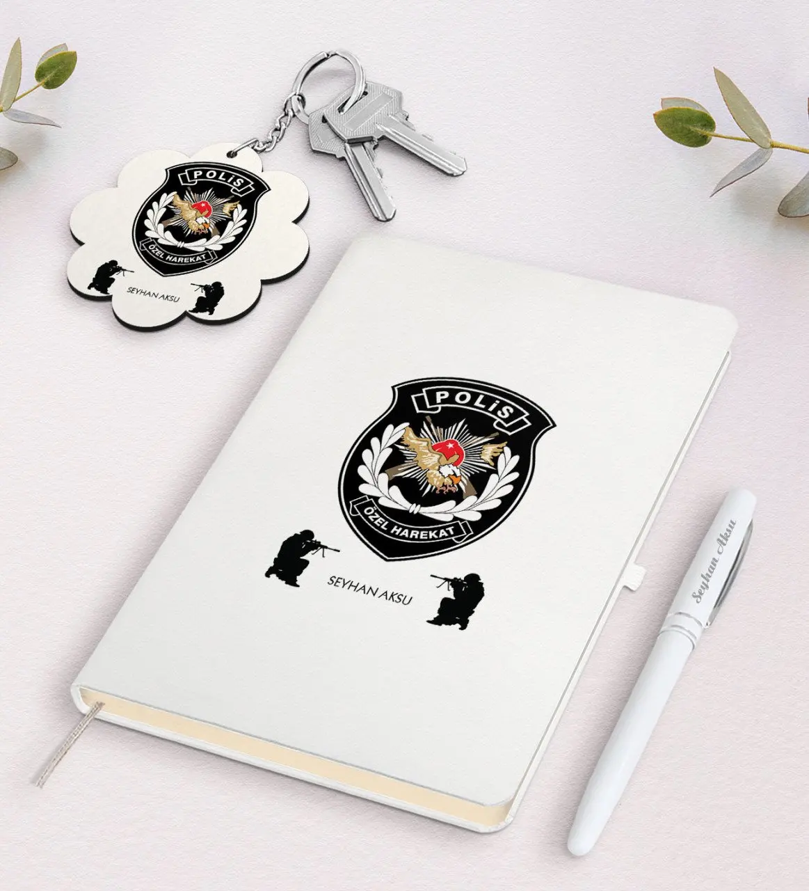 

Personalized Police Special Harekat White Notebook Pen And Keychain Gift Set