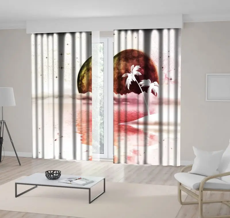 

Curtain Stars Palm Trees Island Nostalgic Dreamland with Super Moon over the Sea Vintage Style Art Brown Pink Beige