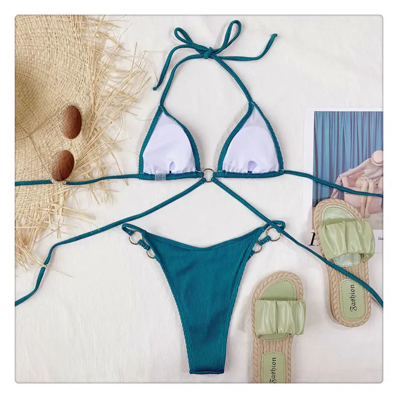 

2021 Summer New Sexy Two Piece Women Rib Hoop Lace Up Bikini Swimsuit Swimwear Bra Beach