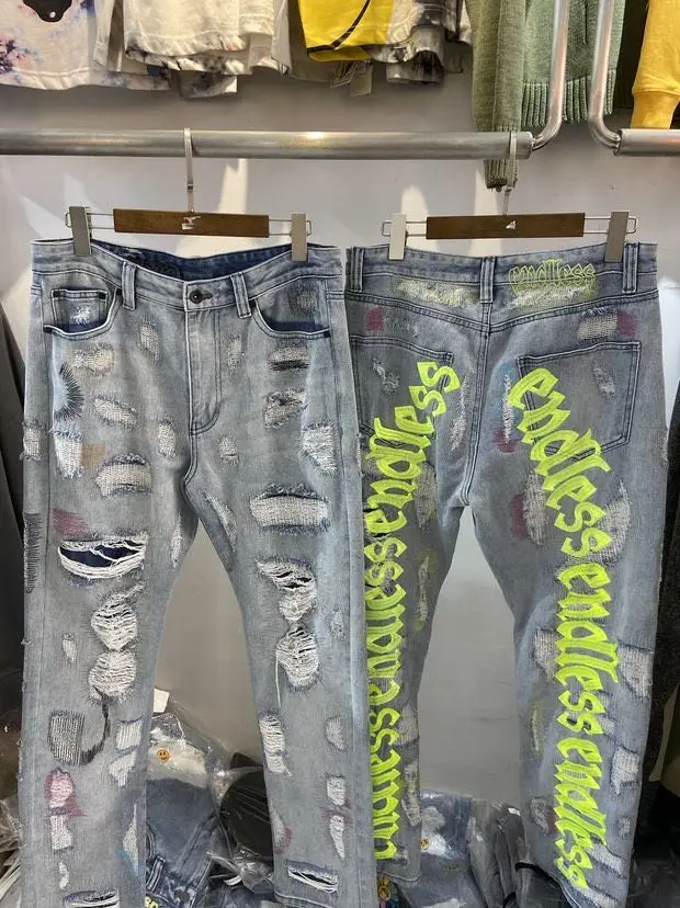 Streetwear Hole Retro Denim Jeans Men Women 1:1High Quality  Black Fluorescent Green Funny Art Letter Embroidery Denim Trousers