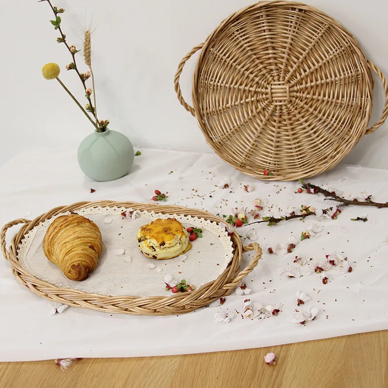 

Hand Willow Vine Woven Food Storage Tray Fruit Plates Bread Dessert Snacks Tray Durable High Capacity Storage Basket