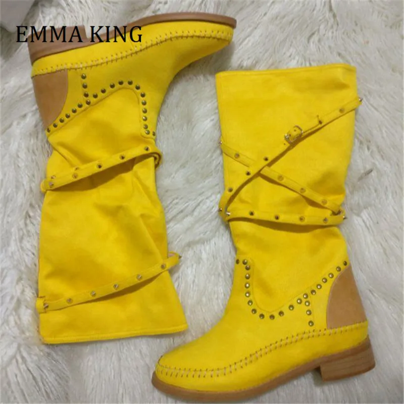 Женские сапоги до колена с заклепками и круглым носком | Обувь