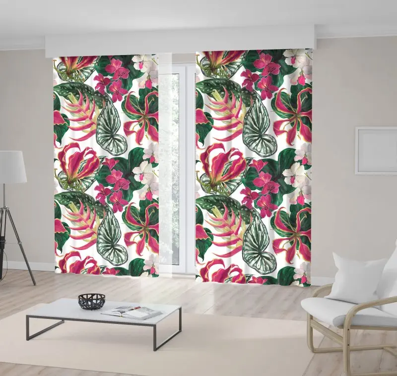 

Curtain Exotic Lily Orchid Flowers Palm Leaves Tropical Summer Nature Fuchsia Pink Green Artwork Printed
