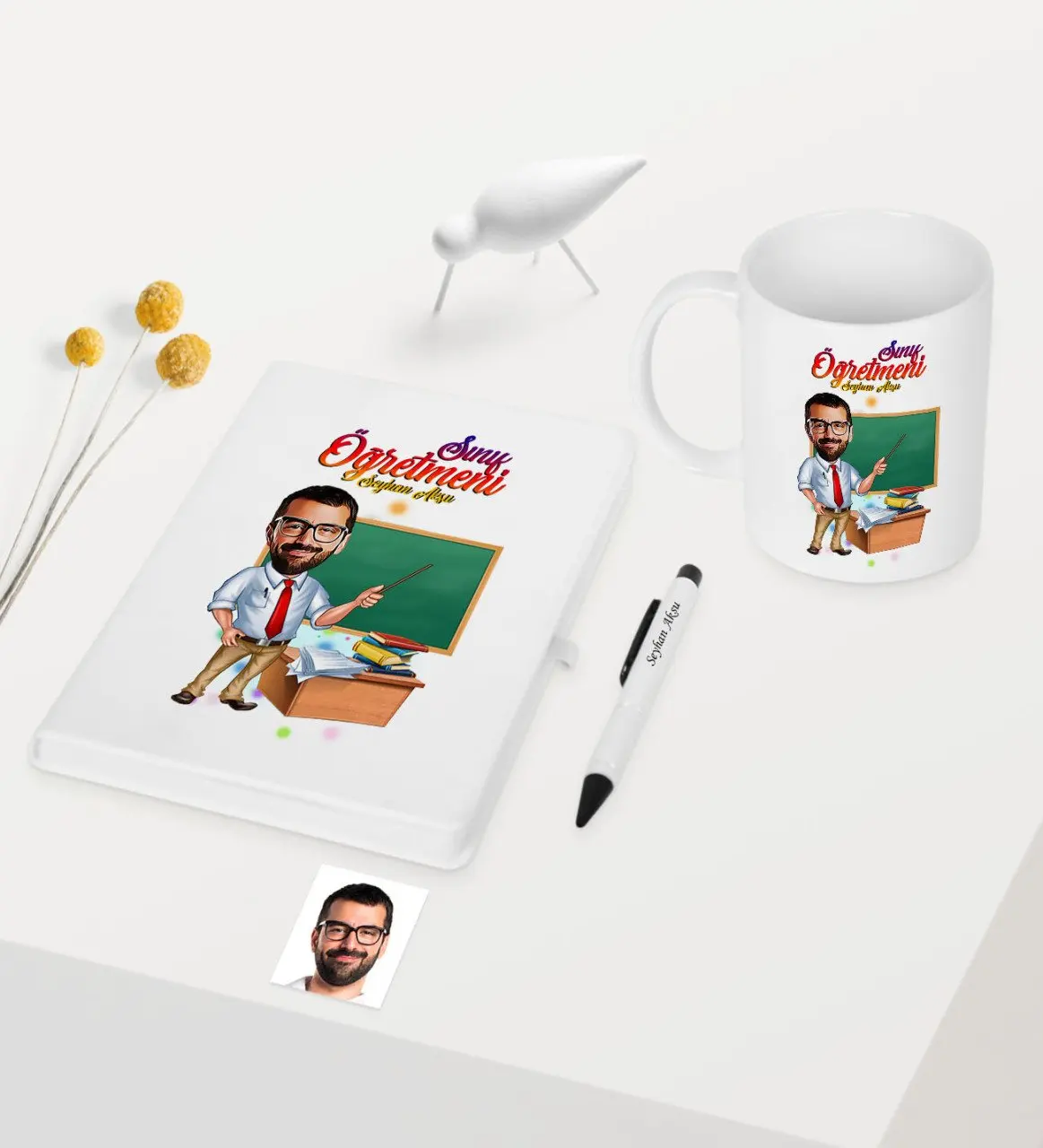

Personalized Mr Teacher Themed Caricature Of White Notebook Pen Mug set-1