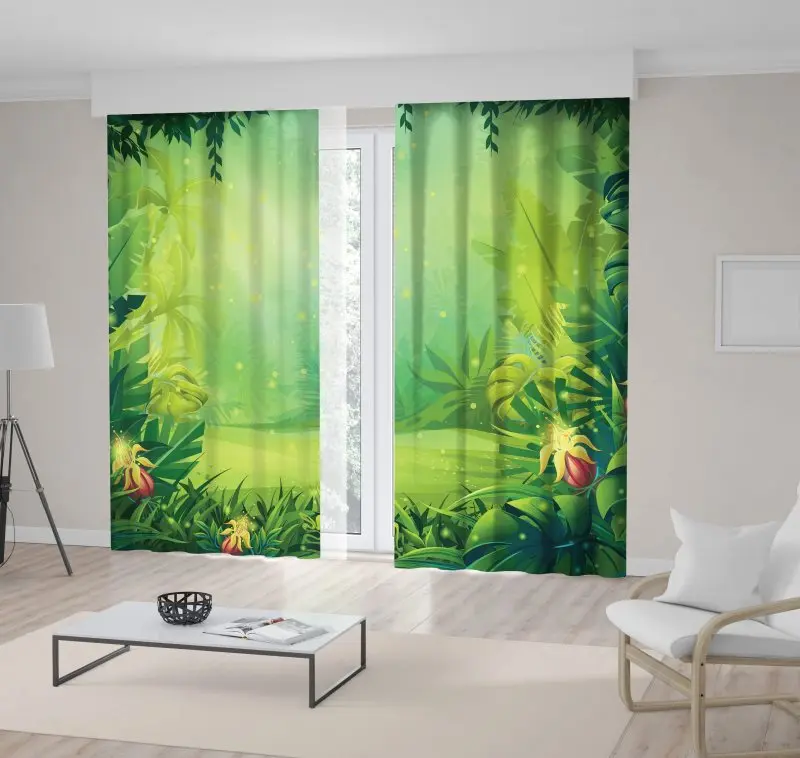 

Curtain Cartoon Tropical Trees Big Leaf Plants and Flowers Secret Magical Garden Jungle Green