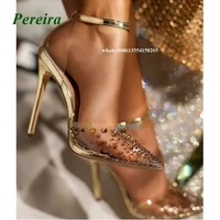 gold rivet pvc sandals 2022 new pointed toe buckle strap pumps thin heel cover heel sexy high heels women party shoes plus black