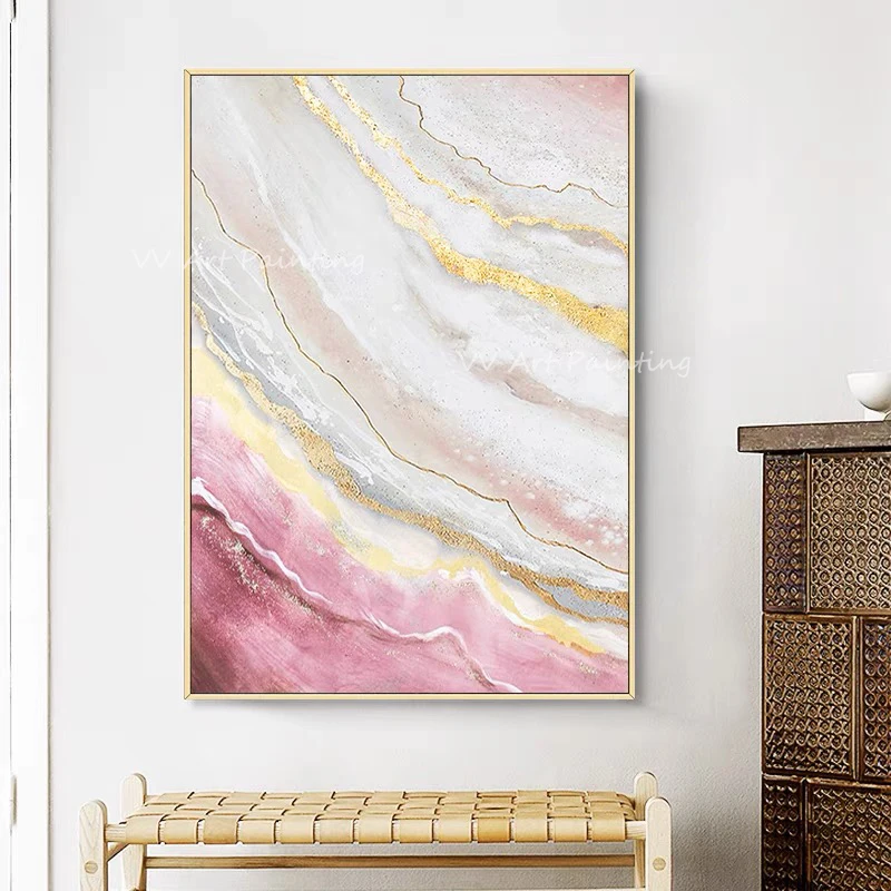 

Handmade gold foil simple pure pink grey canvas landscape luxury picture oil painting porch aisle for living room artwork