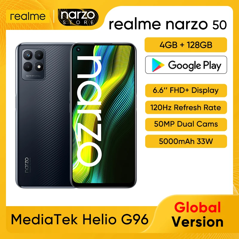 global version realme narzo 50 helio g96 smartphone android telephone 120hz display mobile phones 5000mah battery 50mp camera free global shipping