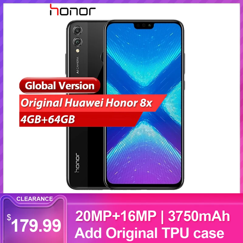 Глобальная версия Honor 8X, мобильный телефон, Безель, 6,5 дюймов, 4 Гб, 128 ГБ, Восьмиядерный, 20 МП, 3750 мА/ч, отпечаток пальца, Android 8,1