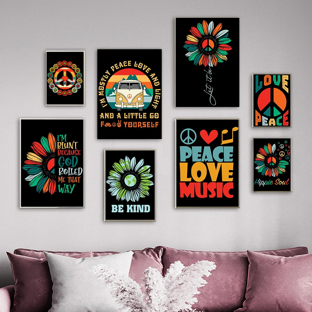 

Hippie Peace Love Music Canvas Painting Soul Sunflower Be Kind Quote Poster and Print Retro 60s Abstract Wall Art Pictures Decor