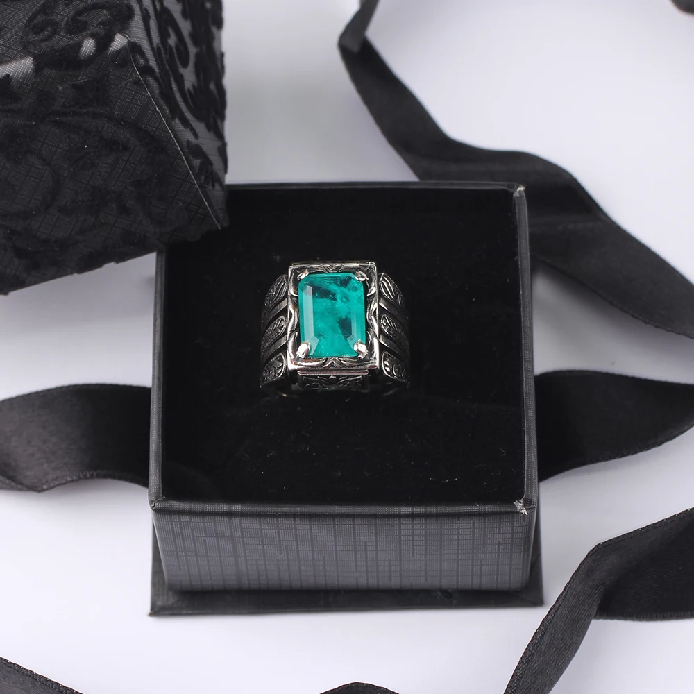 

Handmade Mens 925 Silver Dark Green Paraiba Tourmaline Ring, Handmade Silver Rectangular Tourmaline Ring